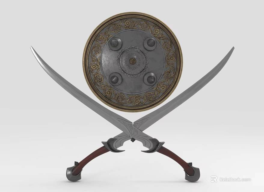 Decorative Weapons Featuring Ornate Shield Crossed Scimitars And Intricate Patterns On Stand 3d model 