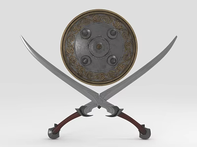 Decorative Weapons Featuring Ornate Shield Crossed Scimitars And Intricate Patterns On Stand 3d model