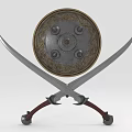 Decorative Weapons Featuring Ornate Shield Crossed Scimitars And Intricate Patterns On Stand 3d model