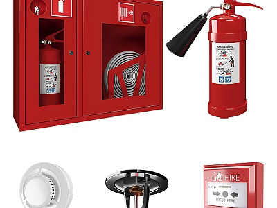 Essential Fire Equipment Including Extinguisher Hose Cabinet Smoke Detector Sprinkler And Alarm Button 3d model
