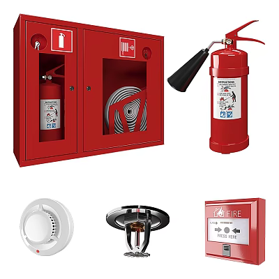 Essential Fire Equipment Including Extinguisher Hose Cabinet Smoke Detector Sprinkler And Alarm Button 3d model