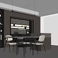 Modern Restaurant Interior With Dining Table Chairs Wine Shelves Hanging Lights And Marble Countertop