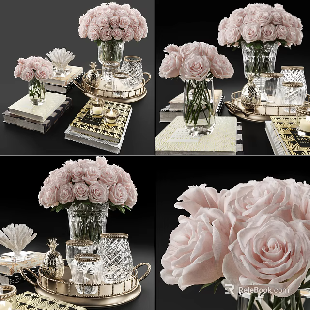 Elegant Decorative Ornament Set with Pink Roses in Glass Vase Tray Books and Candles 3d model 