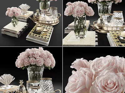 Elegant Decorative Ornament Set with Pink Roses in Glass Vase Tray Books and Candles 3d model