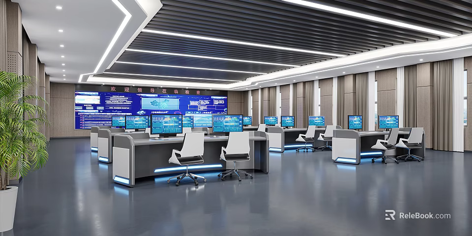 Modern Control Room With Multiple Displays Control Consoles Office Chairs Gray Flooring And Wooden Walls 3d model 