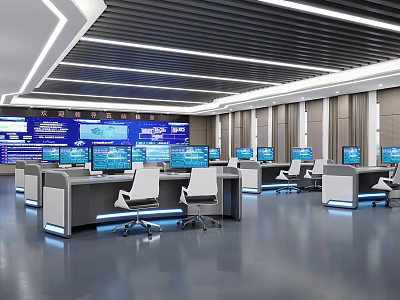 Modern Control Room With Multiple Displays Control Consoles Office Chairs Gray Flooring And Wooden Walls 3d model