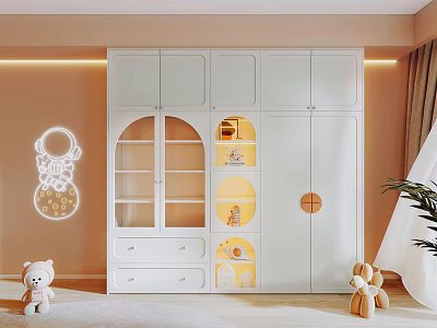 White Kids Room Wardrobe With Arched Glass Doors Yellow Interior Lighting and Stuffed Toys Decoration 3d model
