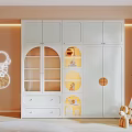 White Kids Room Wardrobe With Arched Glass Doors Yellow Interior Lighting and Stuffed Toys Decoration