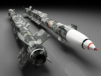 Camouflage Military Missiles With White Warhead Red Tip And Engine Section Displayed On Gray Background 3d model