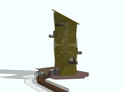 Modern Layered Wooden Tower With Balconies Walkway And Platform Design 3d model