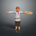 3D Blonde Character In White Red Trimmed Outfit Holding Woven Plate And Small Item