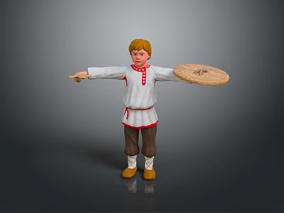 3D Blonde Character In White Red Trimmed Outfit Holding Woven Plate And Small Item 3d model