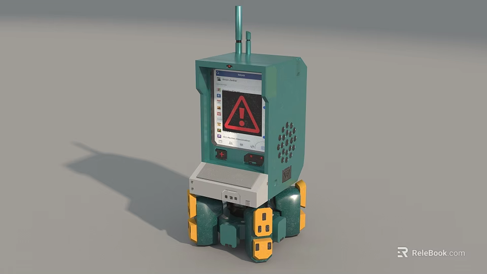 Green Mobile Industrial Equipment With Display Screen Warning Sign And Yellow Wheels Antenna 3d model 