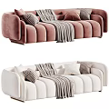 Brown And White Multi Seater Sofa With Pleated Design Pillows And Throw Blanket