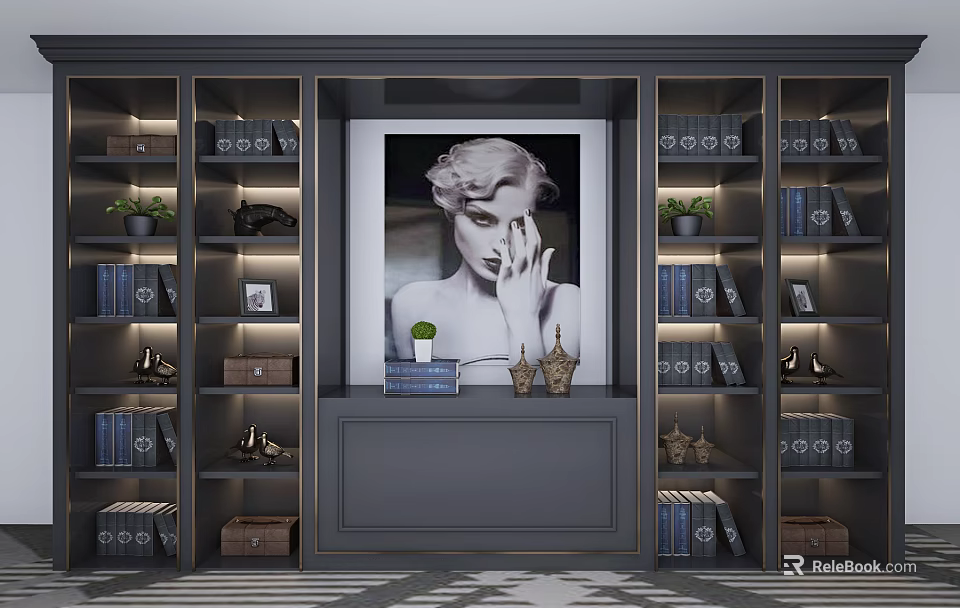 Modern Bookcase With Multiple Compartments Books Green Plants And Portrait Decorations 3d model 
