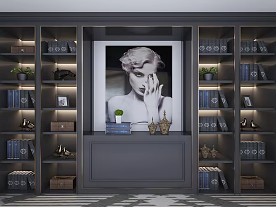 Modern Bookcase With Multiple Compartments Books Green Plants And Portrait Decorations 3d model