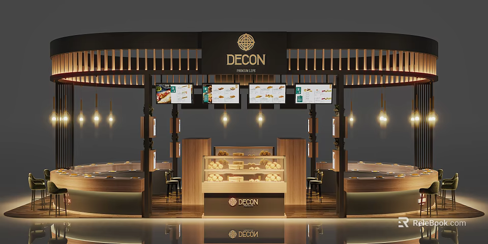 DECON Specialty Store Interior With Display Cabinets Digital Screens And Warm Lighting 3d model 