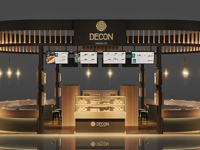 DECON Specialty Store Interior With Display Cabinets Digital Screens And Warm Lighting 3d model