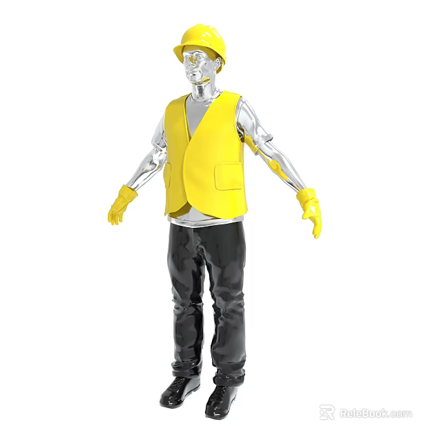 3D Worker Figure Wearing Yellow Safety Helmet and Vest with Black Pants 3d model 