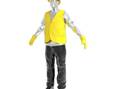 3D Worker Figure Wearing Yellow Safety Helmet and Vest with Black Pants 3d model