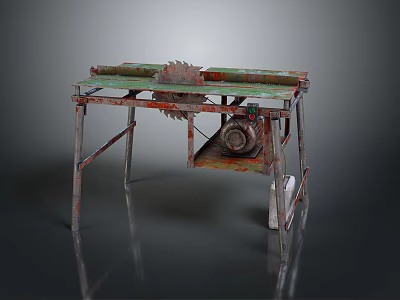 Rusty Table Saw With Green Tabletop And Red Frame On Gray Background With Reflections 3d model