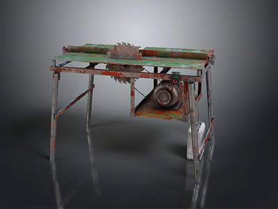 Rusty Table Saw With Green Tabletop And Red Frame On Gray Background With Reflections 3d model