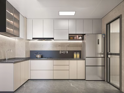 Modern Kitchen Interior With White Cabinets Stainless Steel Appliances And Black Countertop 3d model