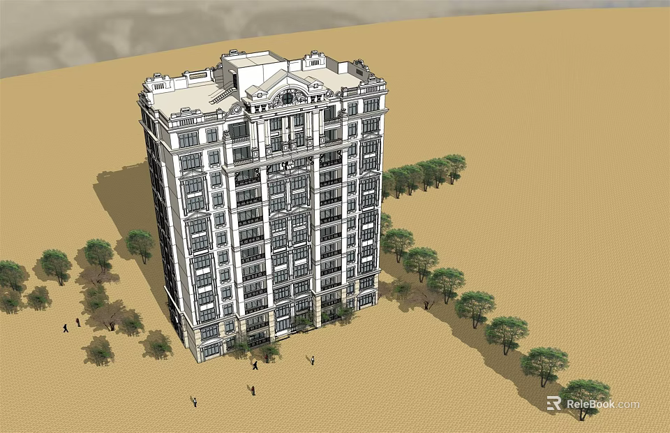 European Style High Rise Building With Classical Facade Trees And People Around 3d model 