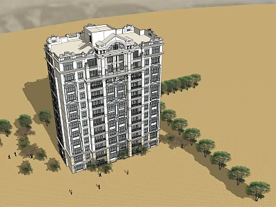 European Style High Rise Building With Classical Facade Trees And People Around 3d model