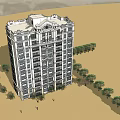 European Style High Rise Building With Classical Facade Trees And People Around