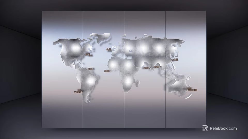 Museum World Map Exhibition Featuring Dot Matrix Design on Display Panels 3d model