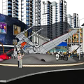 Modern Commercial Street With High Rise Buildings Palm Trees Shops And Pedestrian Walkways