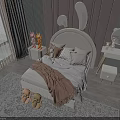 Kids Bed With Bunny Ear Headboard Pink Gray Pillows Blanket And Stuffed Toys Cozy Room