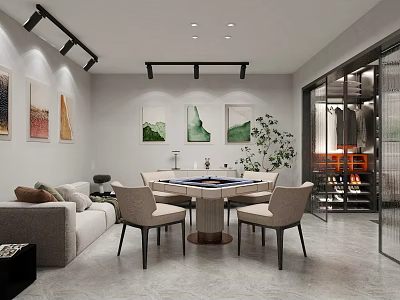Modern Hotel Mahjong Room Interior Featuring Comfortable Seating Round Table Artwork And Potted Plant 3d model