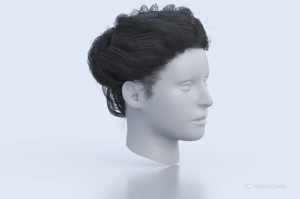 Game Movie Character 3D Head Model With Black Bun Hairstyle Side View Light Blue Background 3d model 