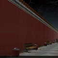 Urban Road Facilities Along Sidewalk With Red Wall Trees Benches And White Guardrails