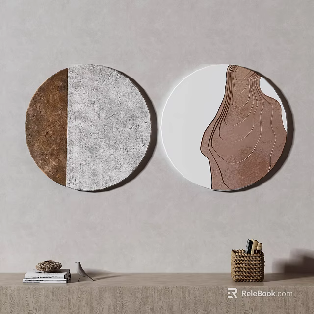 Contemporary Round Framed Paintings Featuring Brown Grey Textured And White Curved Patterns For Interior Decor 3d model 