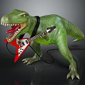 Green Dinosaur Rocking Red Electric Guitar With Black Strap Around Neck Open Mouth Sharp Teeth