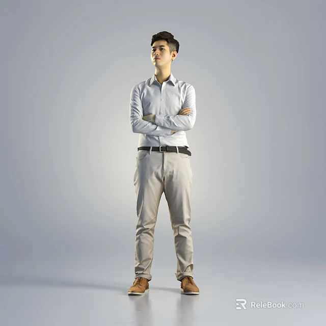 Man with arms crossed light blue shirt beige pants brown shoes black belt gray background 3d model