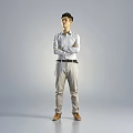 Man with arms crossed light blue shirt beige pants brown shoes black belt gray background 3d model