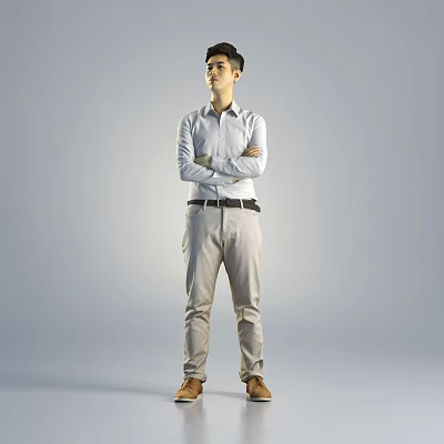 Man with arms crossed light blue shirt beige pants brown shoes black belt gray background 3d model