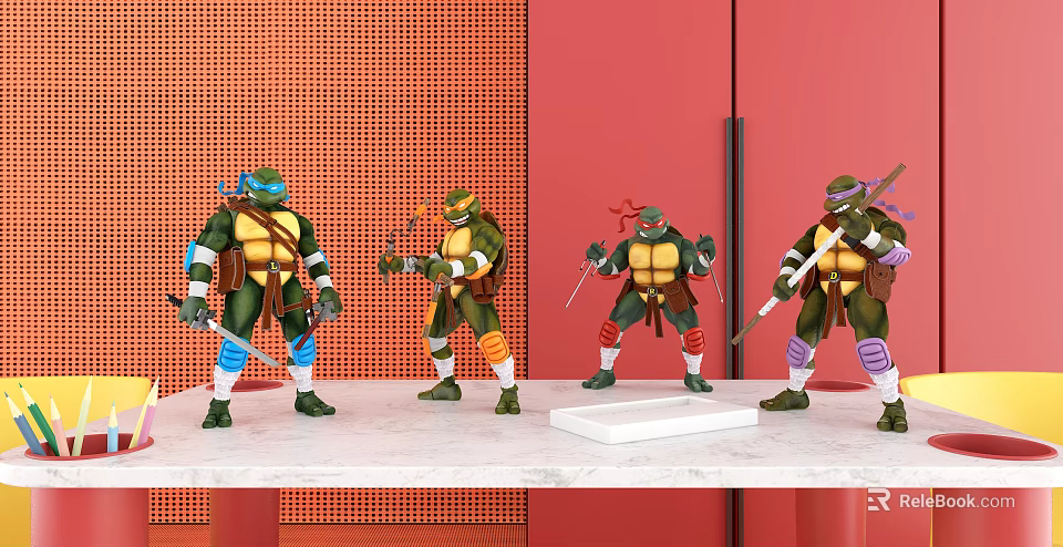 Four Ninja Turtle Action Dolls Standing On White Platform With Orange Grid Red Panel Background 3d model