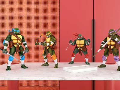 Four Ninja Turtle Action Dolls Standing On White Platform With Orange Grid Red Panel Background 3d model
