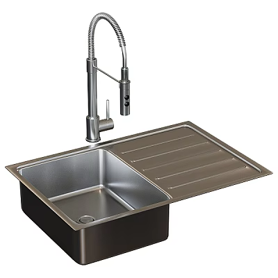 Stainless Steel Kitchen Sink With Modern Faucet And Drainboard Design For Home 3d model