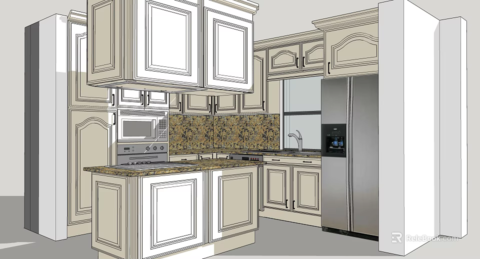Kitchen Interior With Upper And Lower Cabinets Countertop Backsplash And Appliances 3d model 