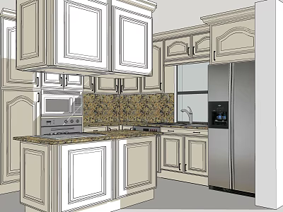 Kitchen Interior With Upper And Lower Cabinets Countertop Backsplash And Appliances 3d model