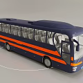 Blue And Orange Striped Bus With Spacious Seating And Modern Design