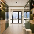 Elegant Walk in Closet Interior With Green Cabinets Glass Doors And Hanging White Shirts