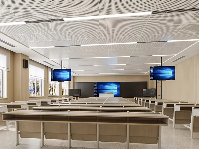 Spacious School Classroom With Long Desks Chairs Multiple Screens Wooden Walls And Bright Lighting 3d model