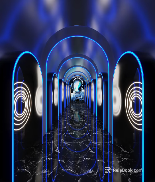 Modern KTV Corridor With Blue Neon Arches Reflective Black Marble Floor And Circular Lights 3d model 